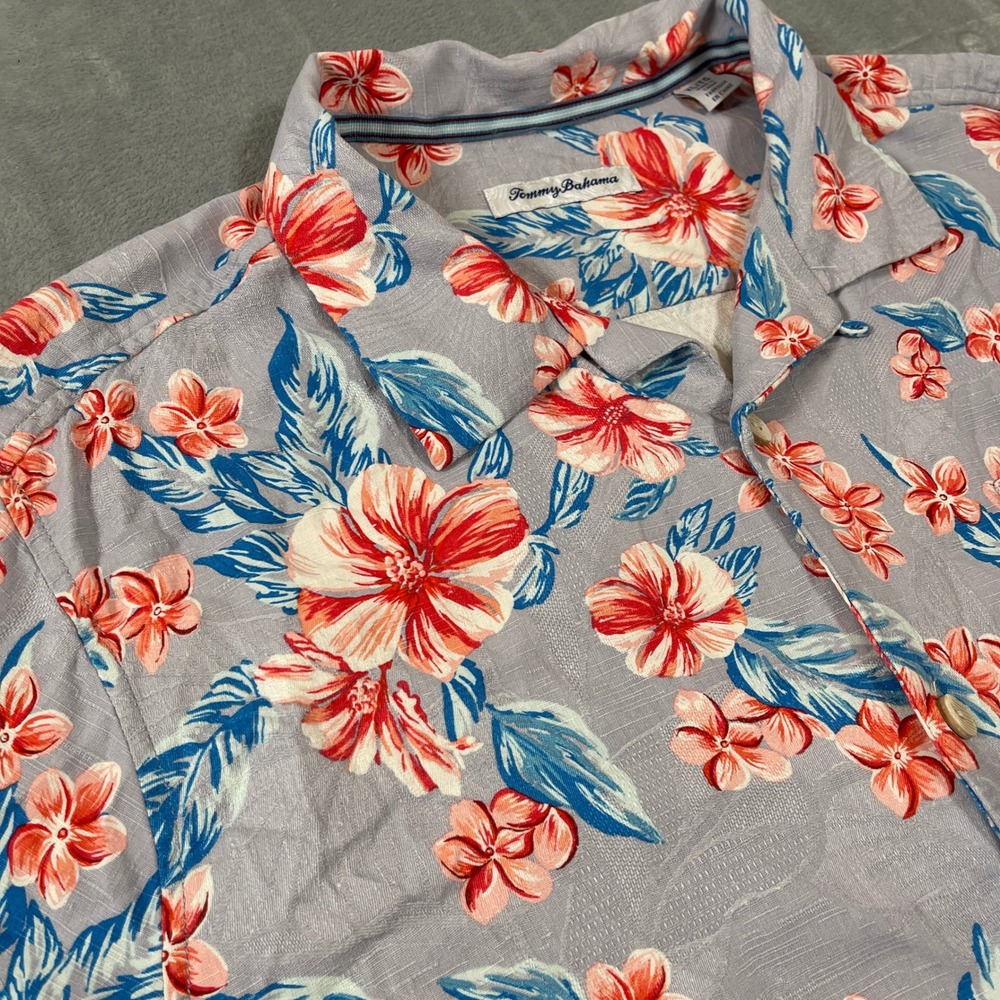 Tommy Bahama Mens XL Short Sleeve Tropical Floral Camp Shirt Grey Coral Blue
